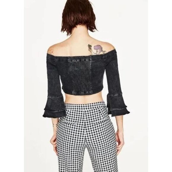 Zara EUC Denim Cropped Off Shoulder Top Ruffled Sleeves Size S - Picture 3 of 15